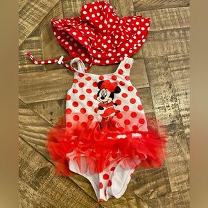 Disney Minnie Mouse red polka dot swimsuit and hat size 12 months
